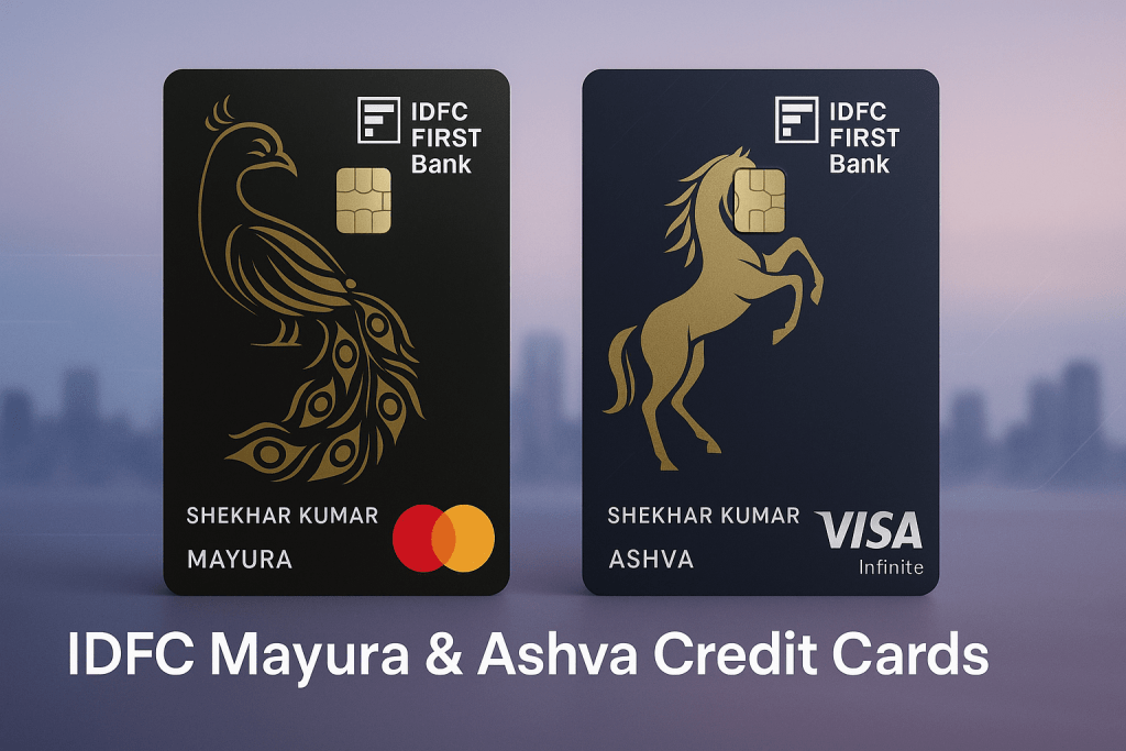 IDFC Mayura and Ashva credit cards side by side.