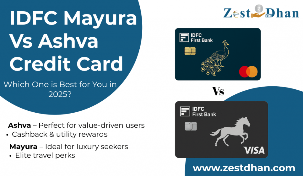 **Alt Text:** A featured banner comparing IDFC Mayura vs Ashva Credit Card for 2025, with visuals and text highlighting each card’s unique benefits—Mayura for luxury and travel perks, Ashva for value and cashback—guiding users to choose the best fit based on their lifestyle and spending habits.