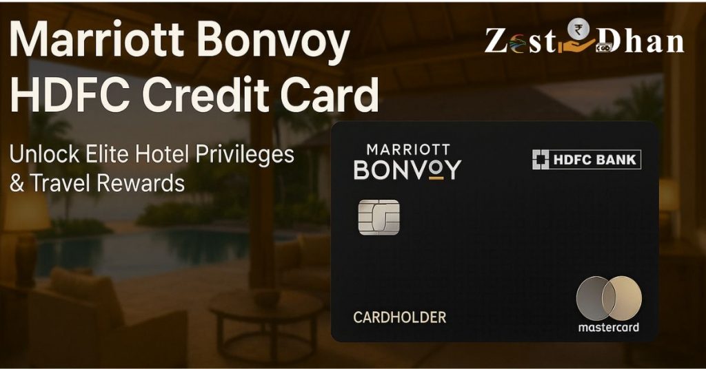 "Marriott Bonvoy HDFC Credit Card displayed against a luxurious tropical resort background with bold promotional text."