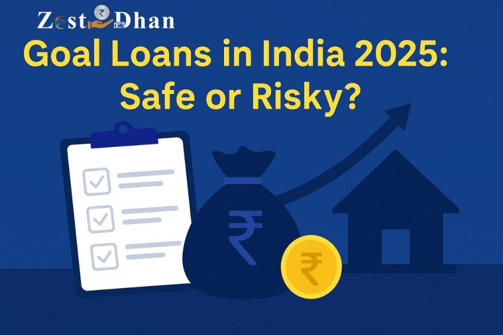 Gold loans in India 2025 with rupee icons, checklist, and house illustration.