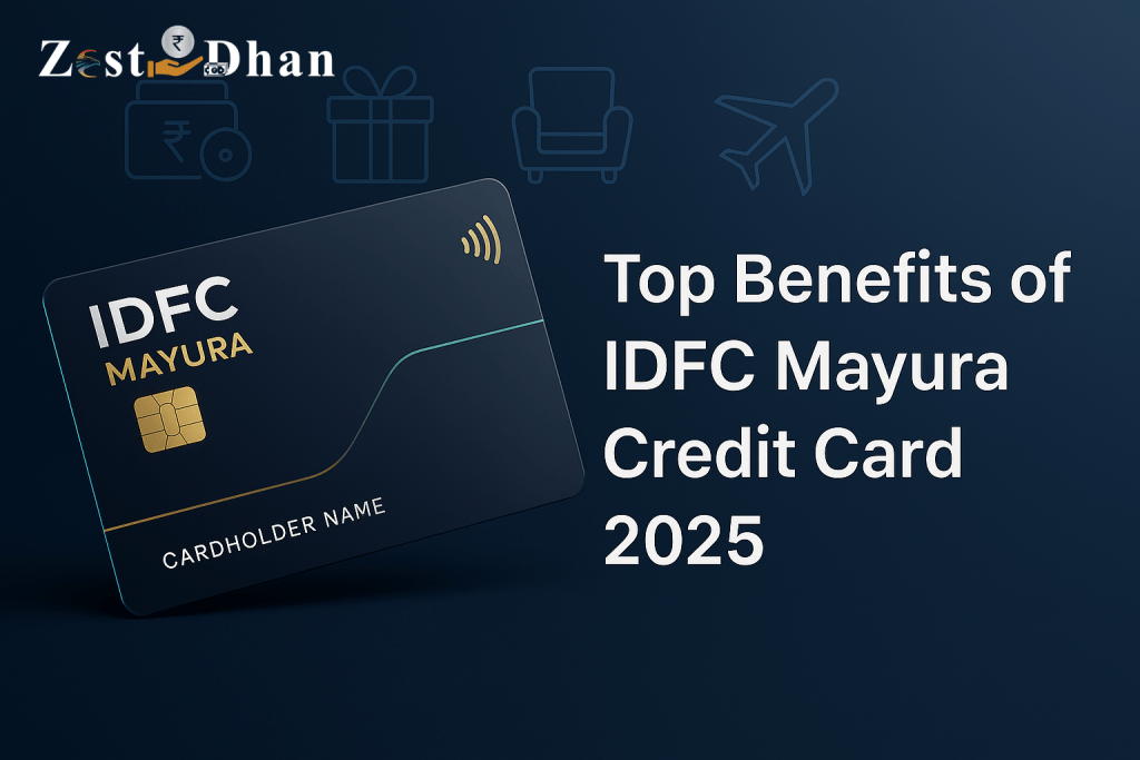Featured image showing the IDFC Mayura Credit Card 2025 with a sleek teal and gold design, placed over a digital-themed background with icons representing travel, cashback, rewards, and lounge access.